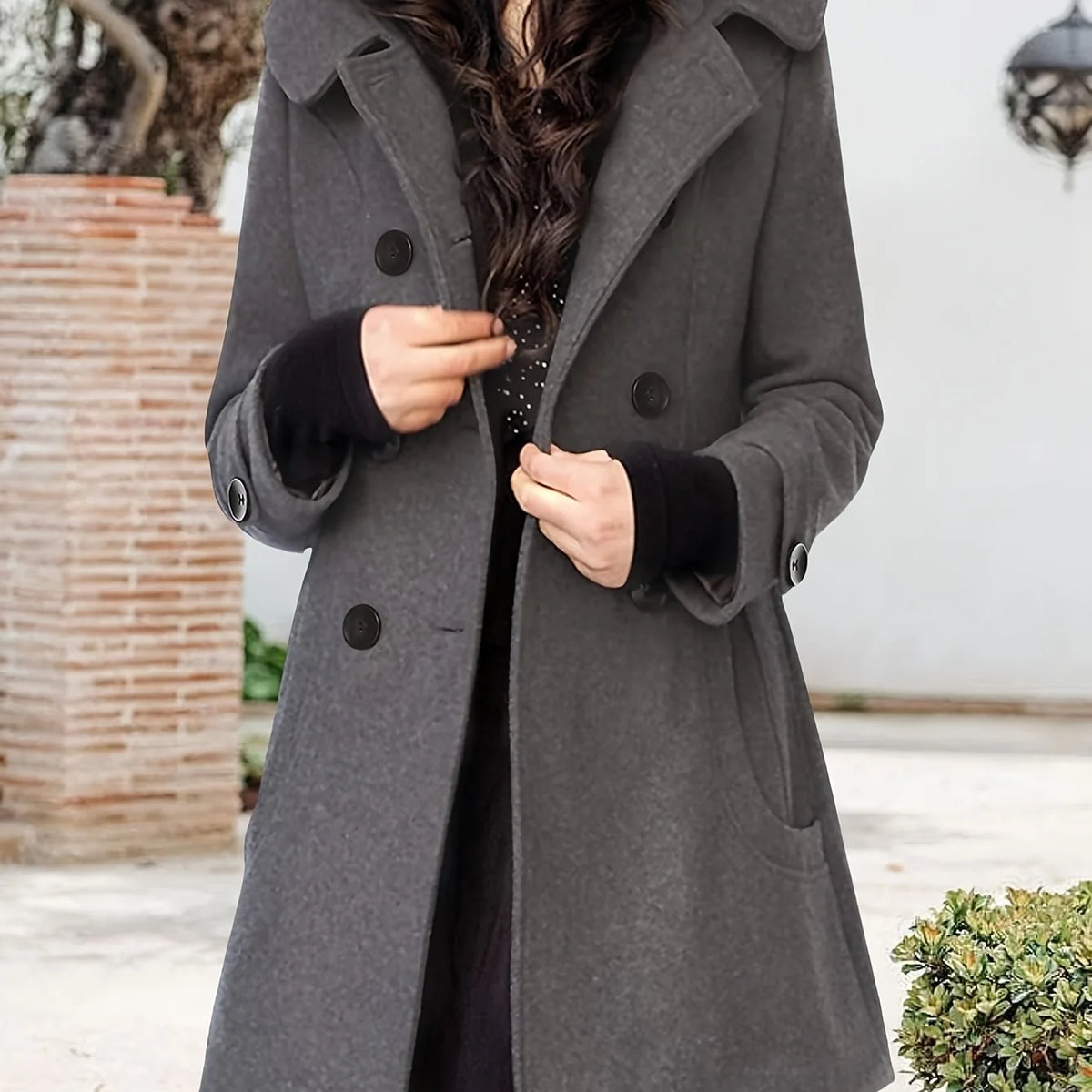 Women's khaki hooded double-breasted mid-length coat