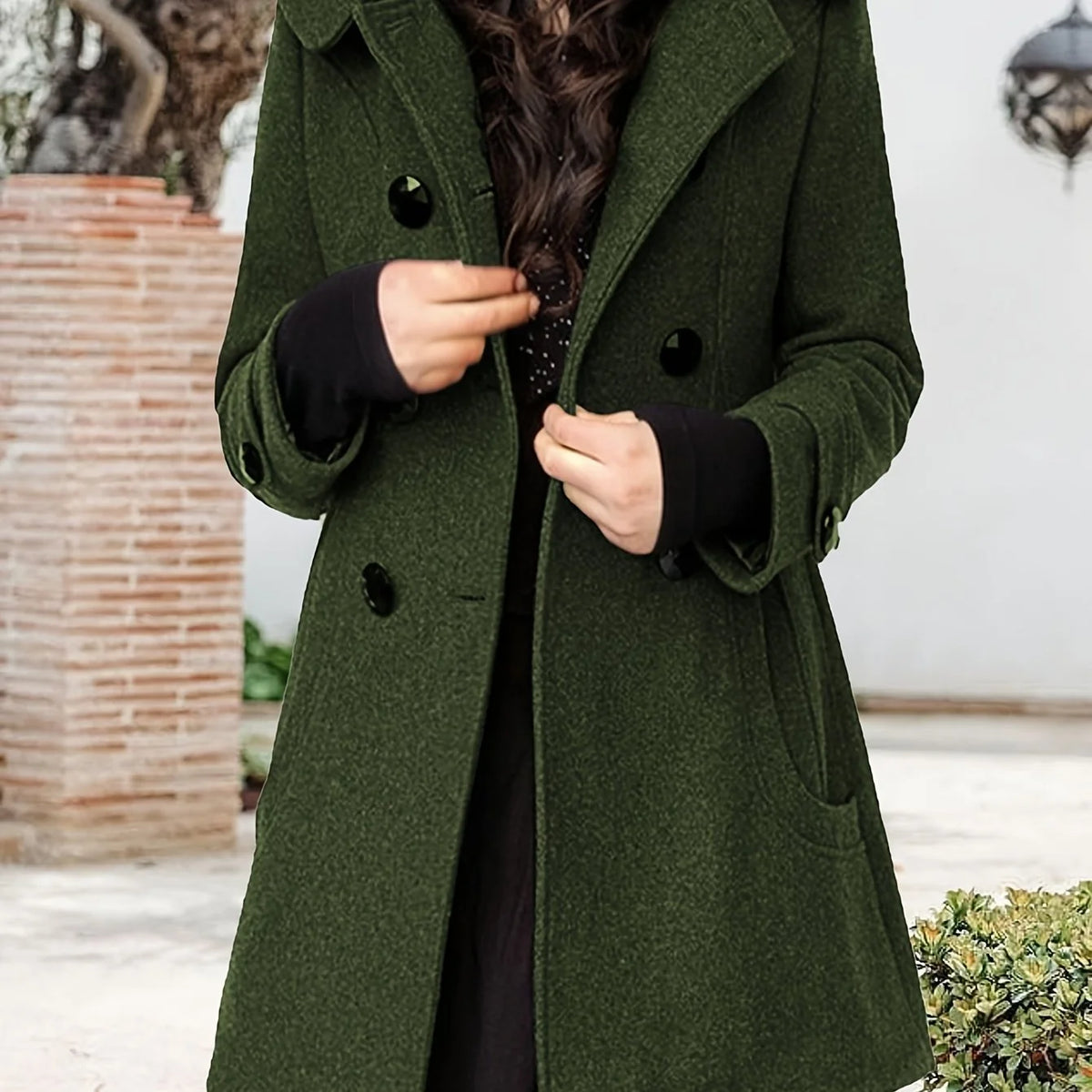 Women's black hooded double-breasted mid-length coat