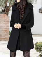 Women's black hooded double-breasted mid-length coat