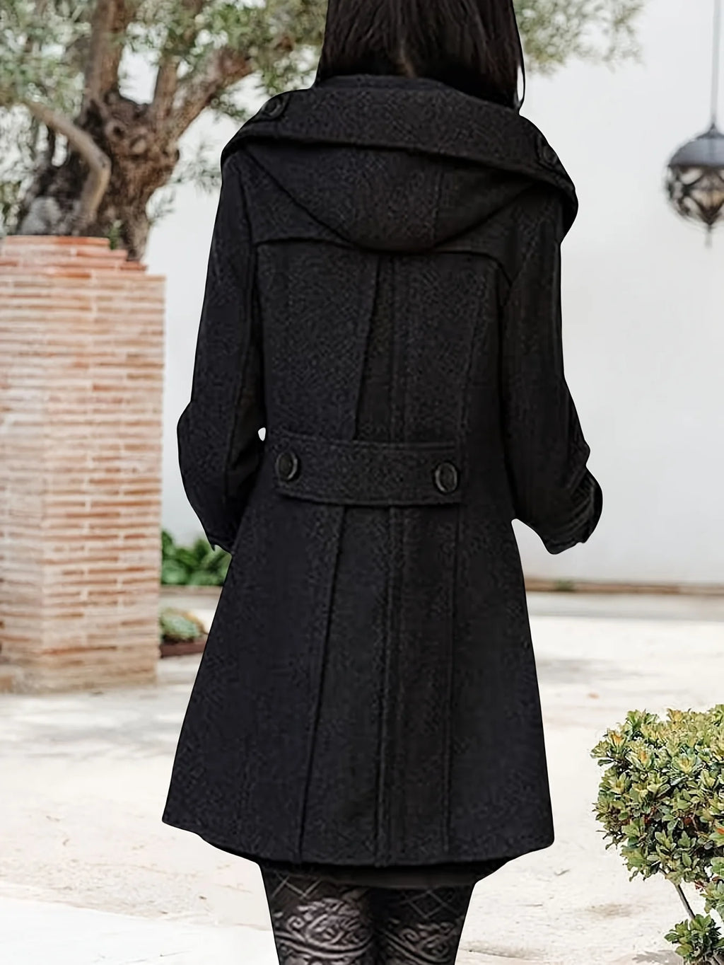 Women's grey hooded double-breasted mid-length coat