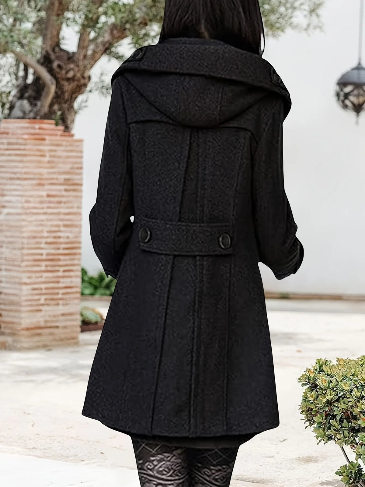 Women's grey hooded double-breasted mid-length coat