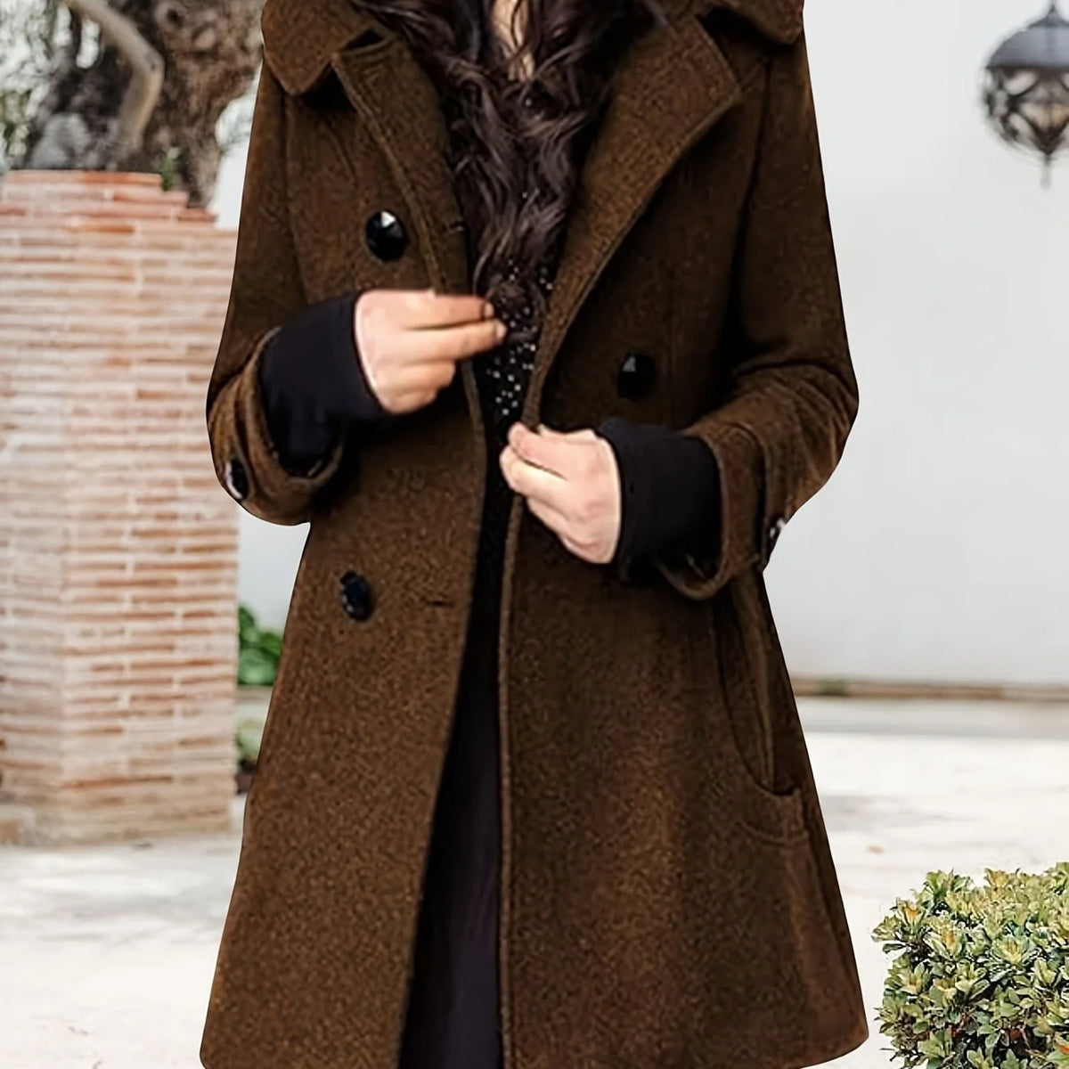 Women's dark brown hooded double-breasted mid-length coat