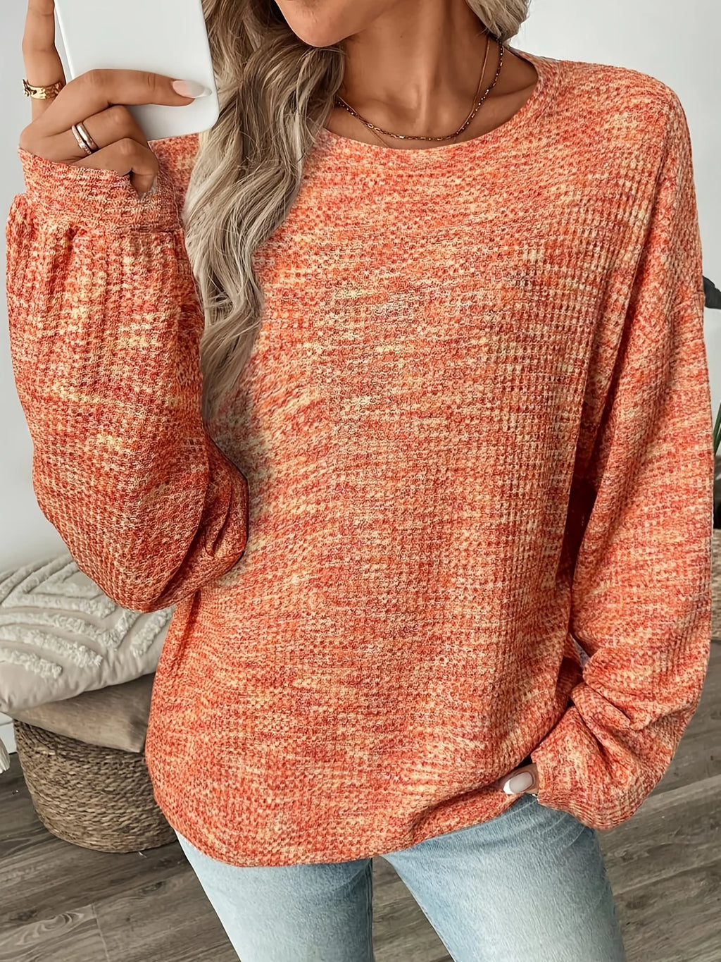 Women's orange-red relaxed waffle knit sweater for everyday winter wear