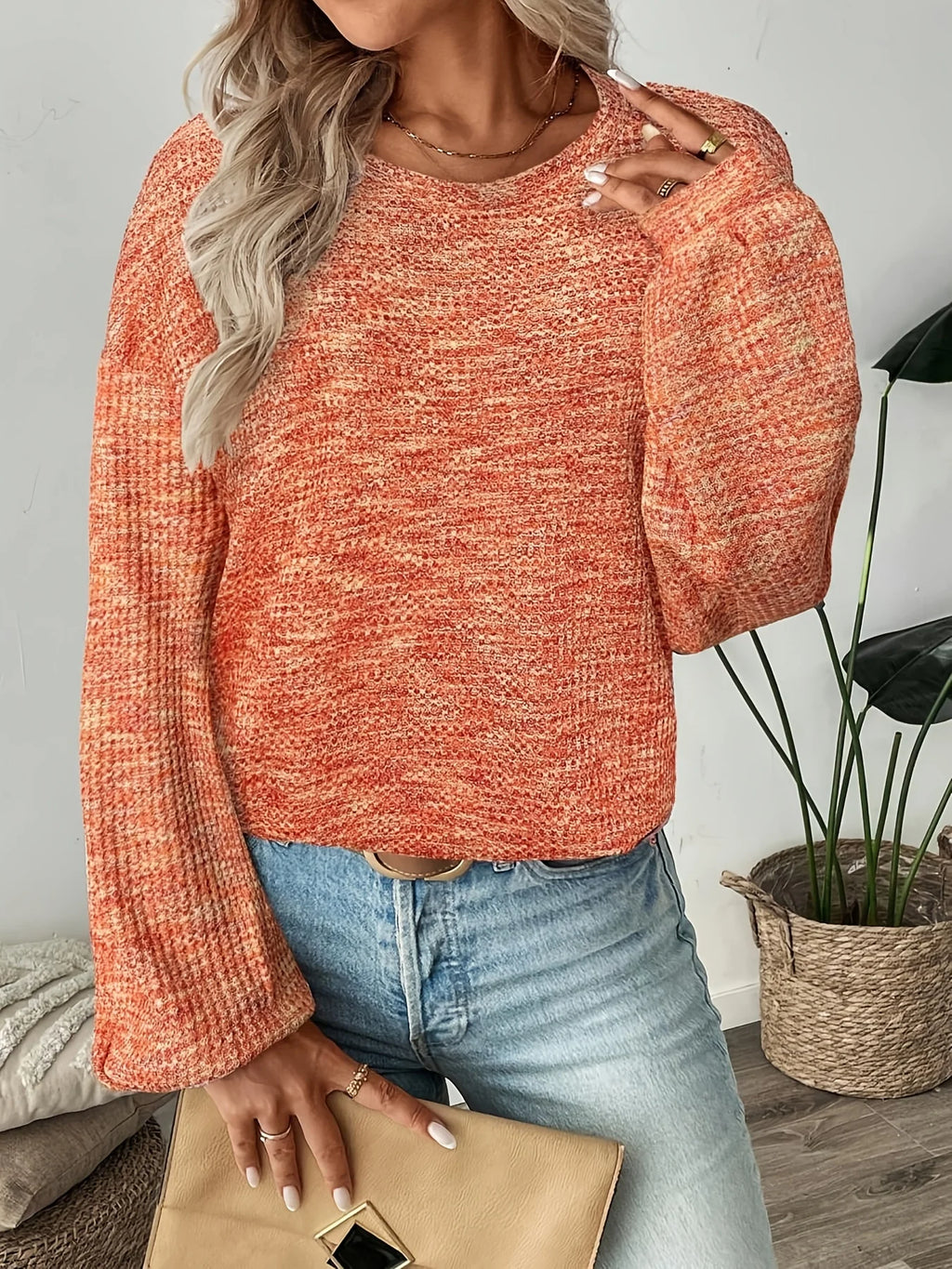 Women's orange-red relaxed waffle knit sweater for everyday winter wear