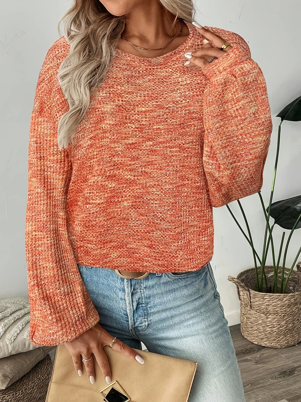 Women's orange-red relaxed waffle knit sweater for everyday winter wear