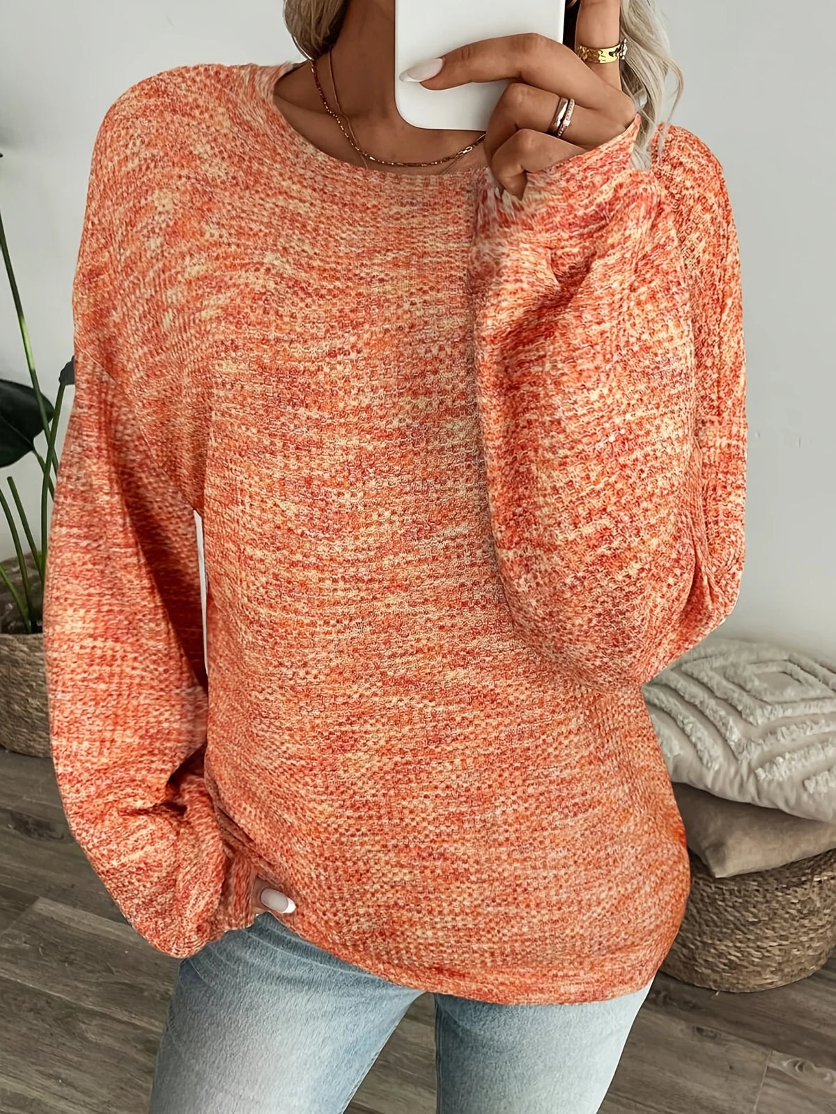 Women's orange-red relaxed waffle knit sweater for everyday winter wear