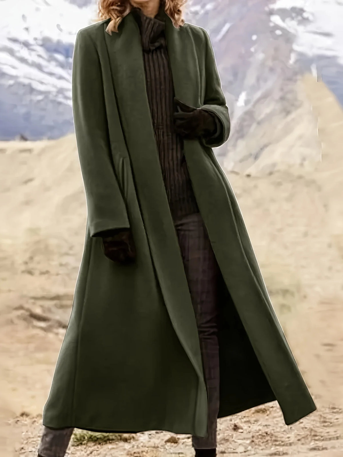 Women's fern green draped longline coat for everyday autumn and winter wear
