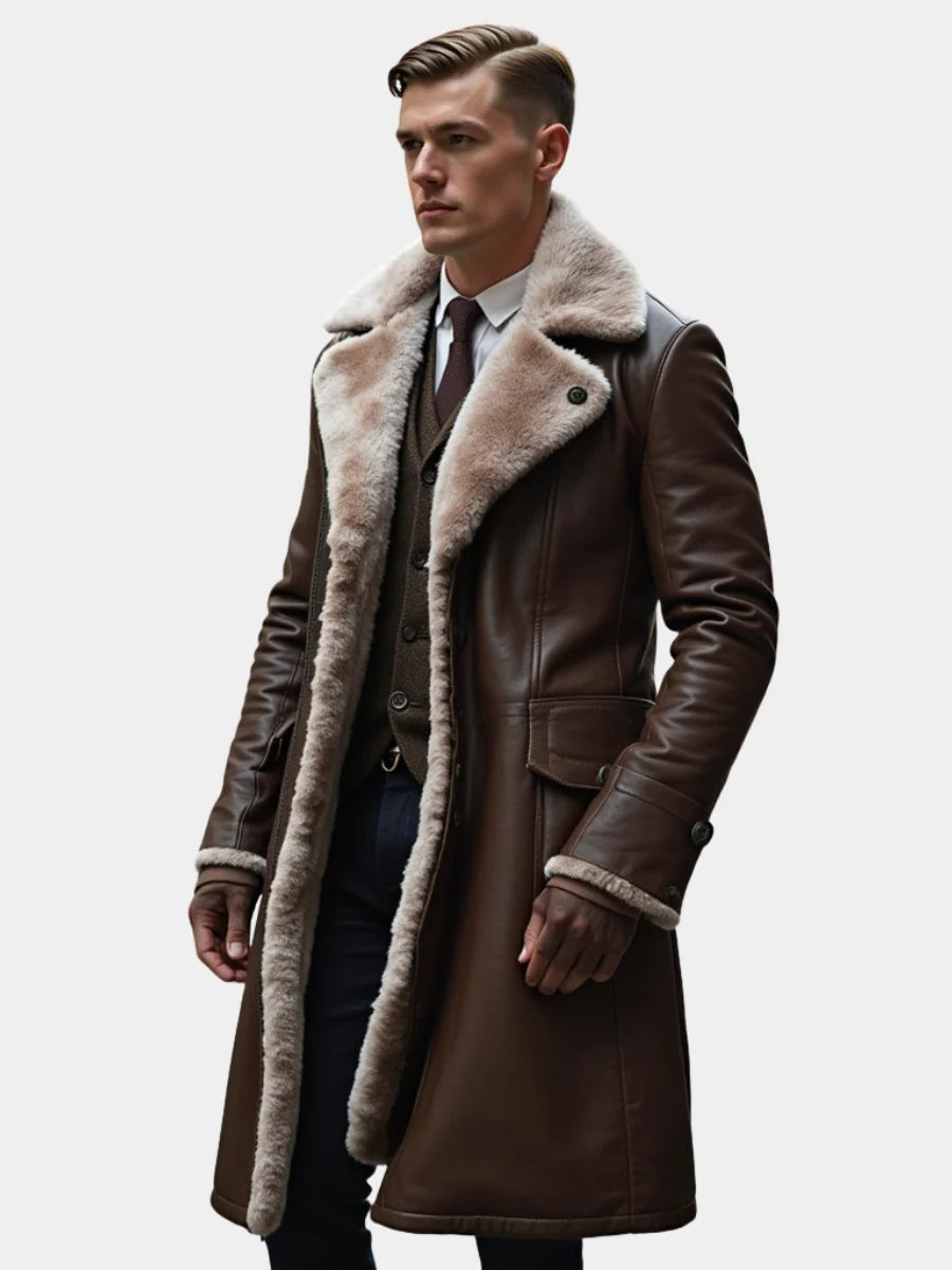 Men's brown heritage fur-lined coat for cold autumn and winter days