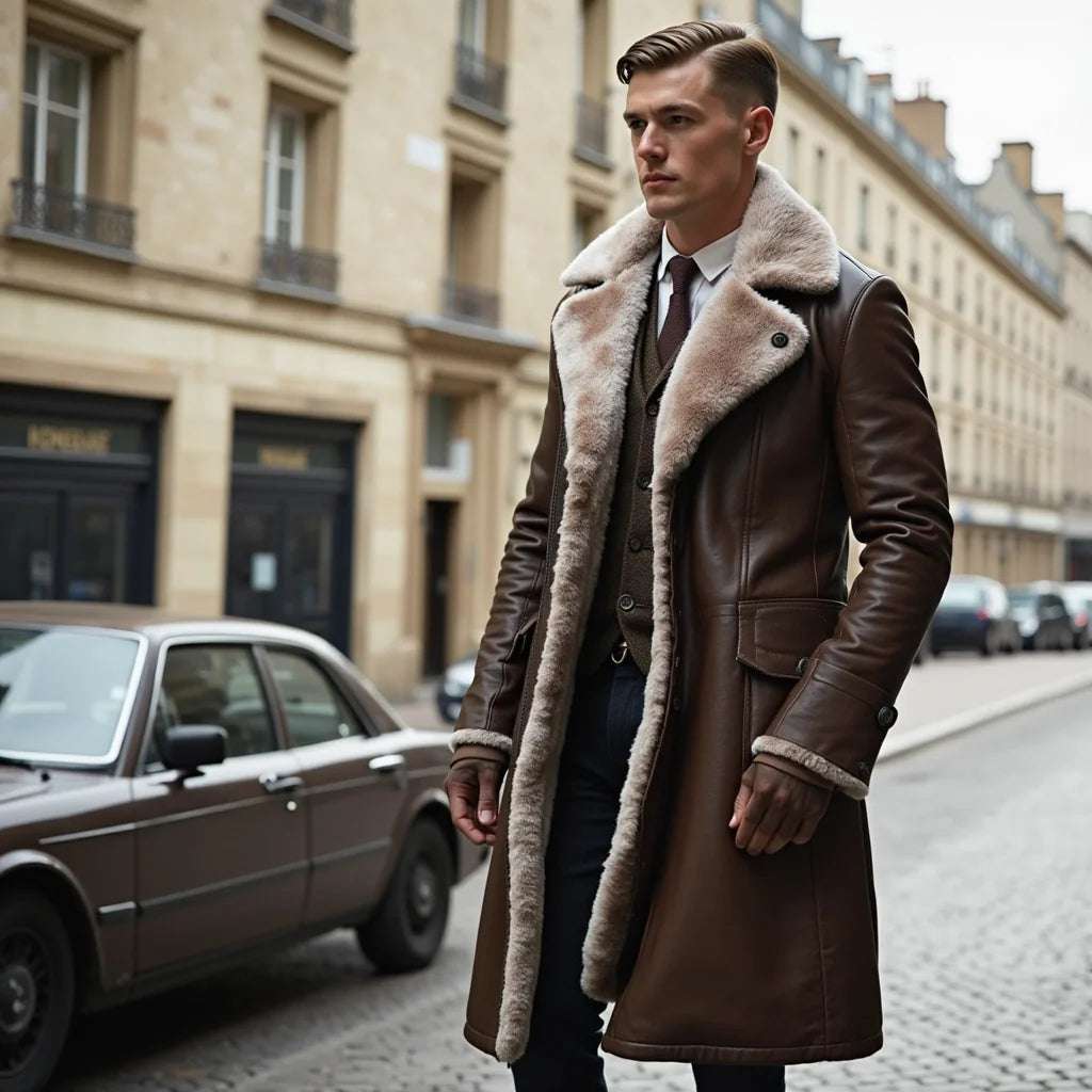 Men's brown heritage fur-lined coat for cold autumn and winter days