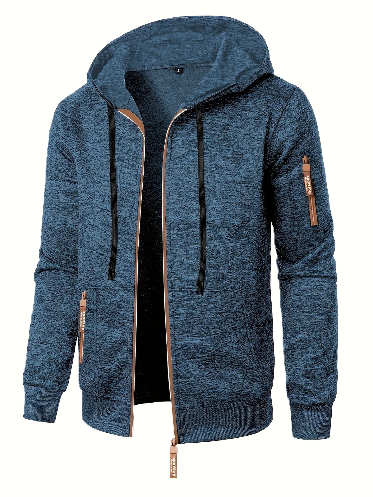 Men's navy blue zip-up knit hoodie for layering this autumn and winter