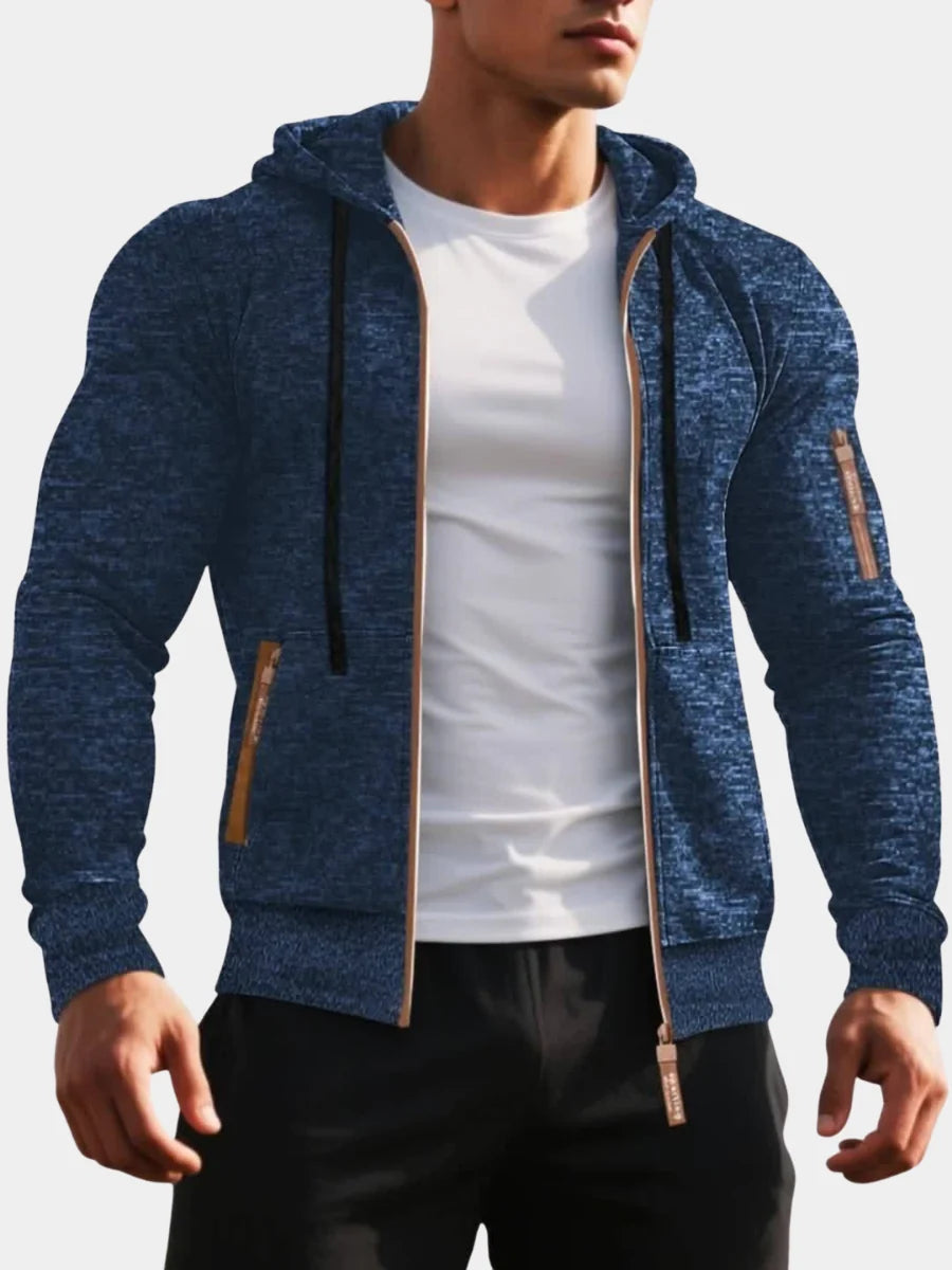 Men's navy blue zip-up knit hoodie for layering this autumn and winter