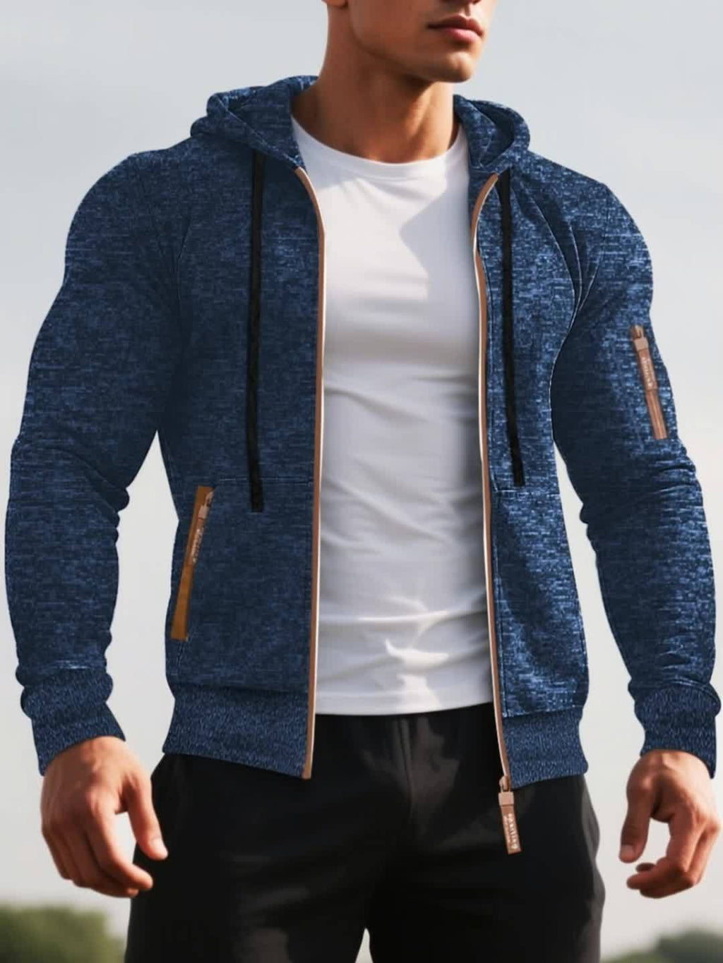Men's navy blue zip-up knit hoodie for layering this autumn and winter