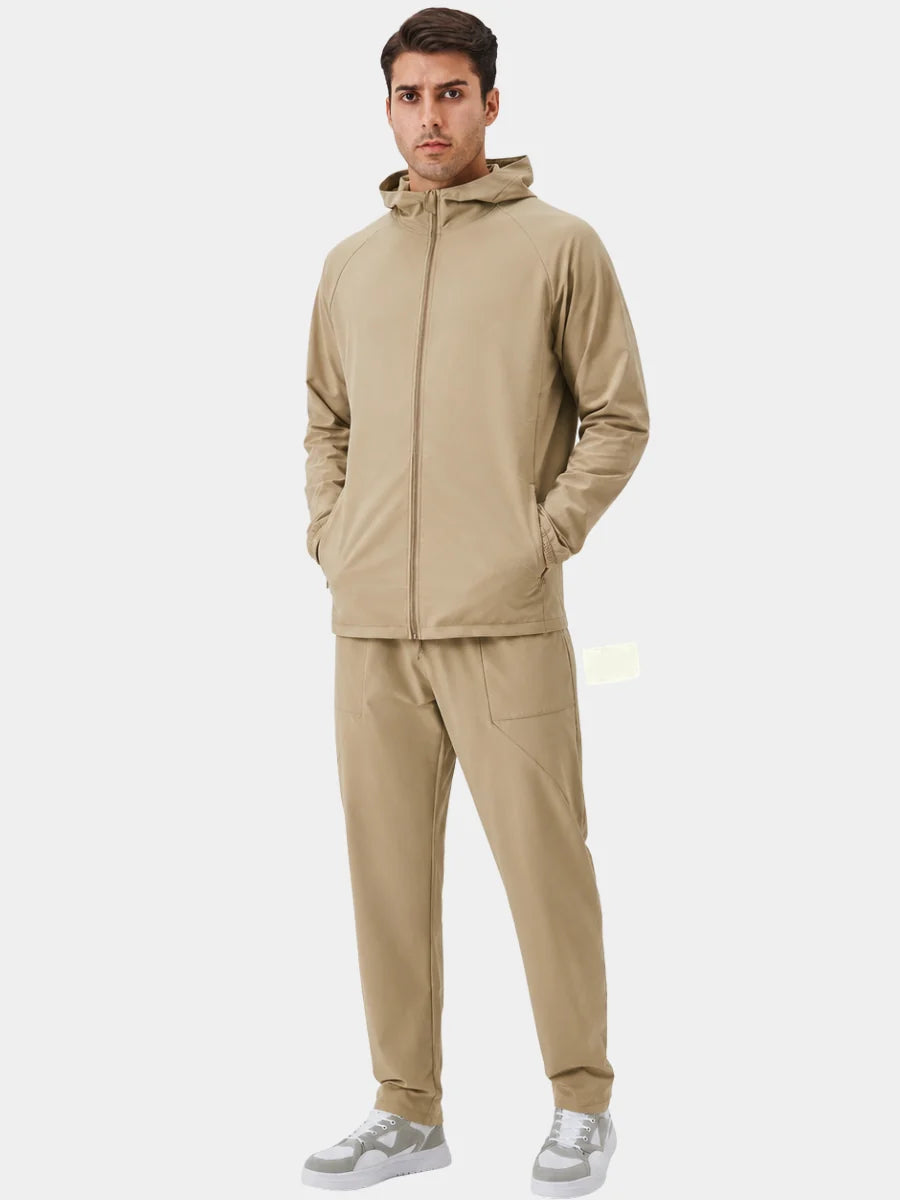 Men's beige hooded full-zip jacket for cold autumn and winter days