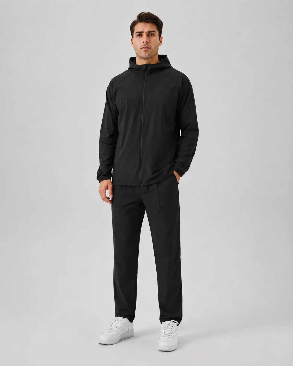 Men's black hooded full-zip jacket for cold autumn and winter days
