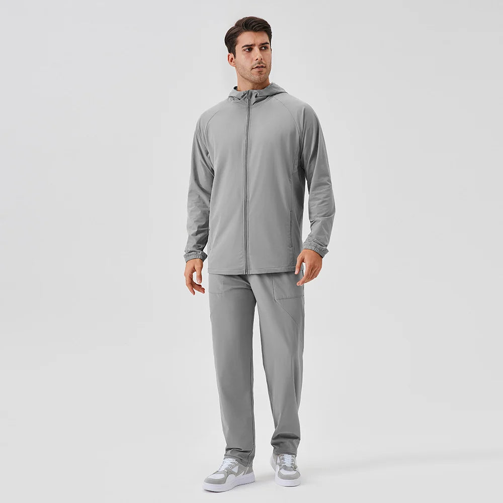 Men's grey hooded full-zip jacket for cold autumn and winter days