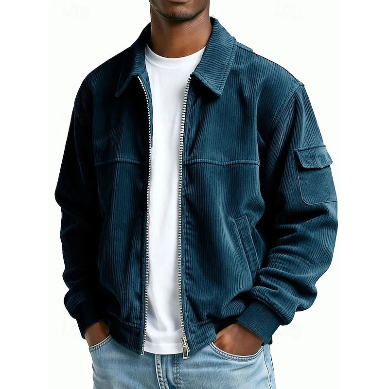 Men's navy blue ribbed zip-up jacket for the colder autumn and winter months