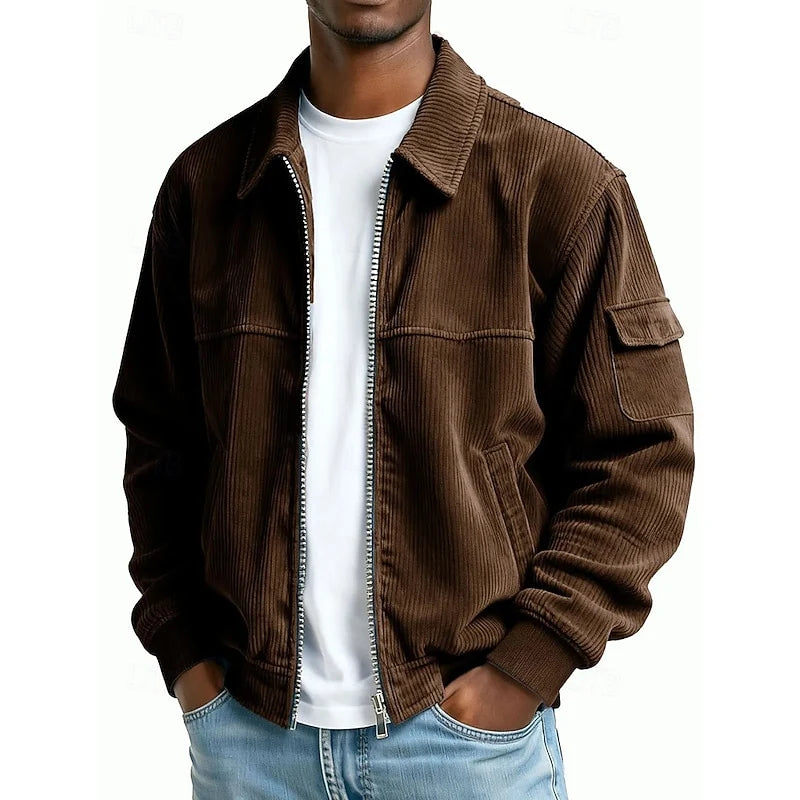 Men's dark green ribbed zip-up jacket for the colder autumn and winter months