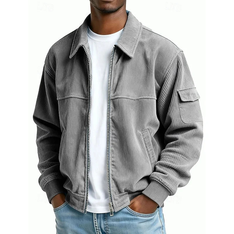 Men's grey ribbed zip-up jacket for the colder autumn and winter months