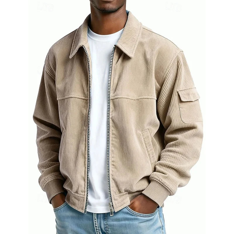 Men's khaki ribbed zip-up jacket for the colder autumn and winter months