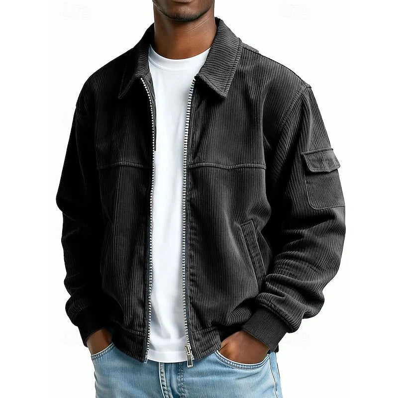 Men's black ribbed zip-up jacket for the colder autumn and winter months