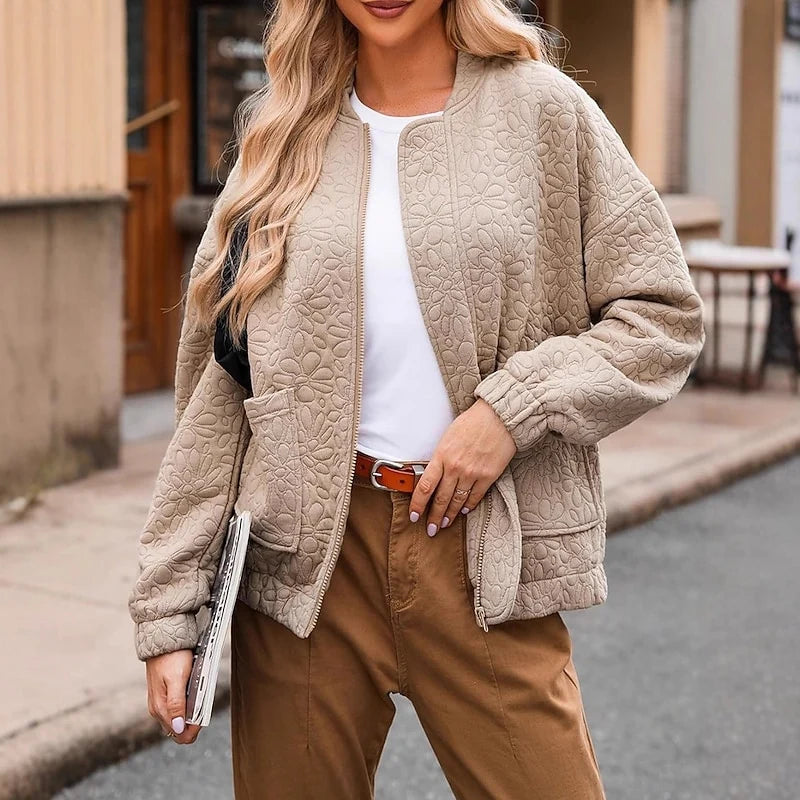 Women's khaki cropped quilted floral bomber jacket for winter wear