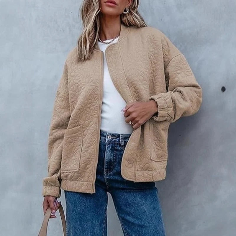 Women's khaki cropped quilted floral bomber jacket for winter wear
