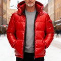 Men's red quilted hooded puffer jacket for everyday winter wear