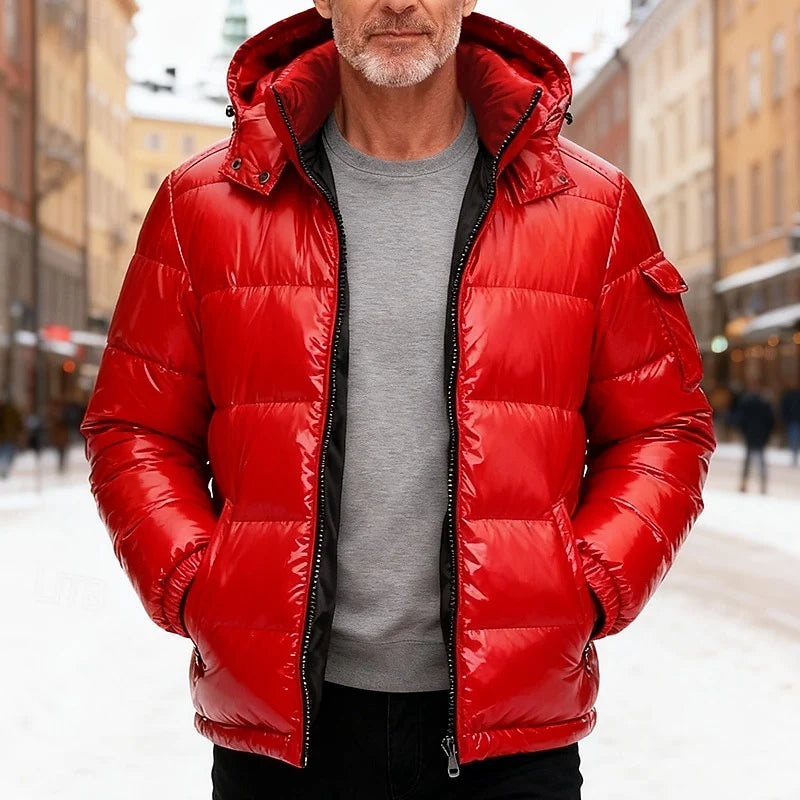 Men's red quilted hooded puffer jacket for everyday winter wear