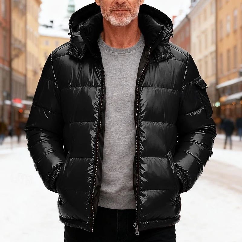 Men's black quilted hooded puffer jacket for everyday winter wear
