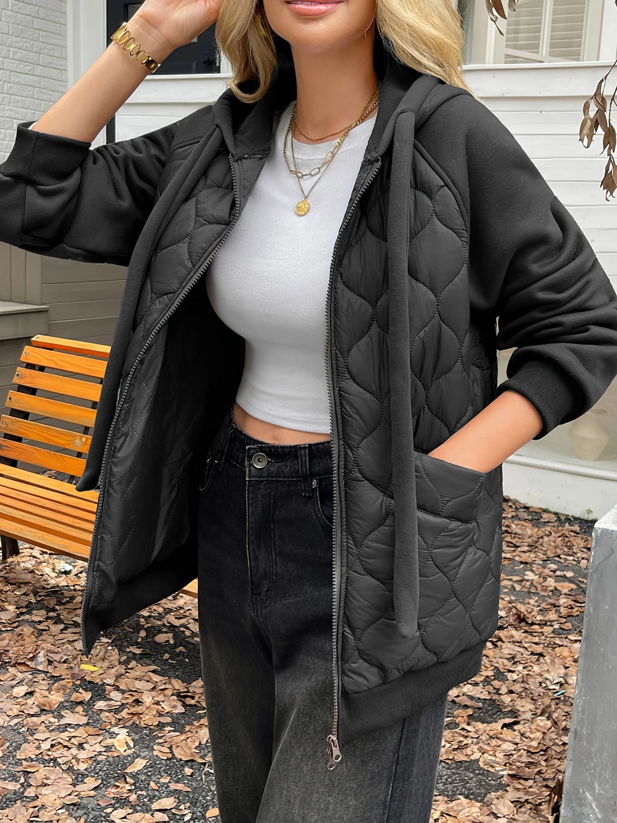 Women's black quilted hooded jacket
