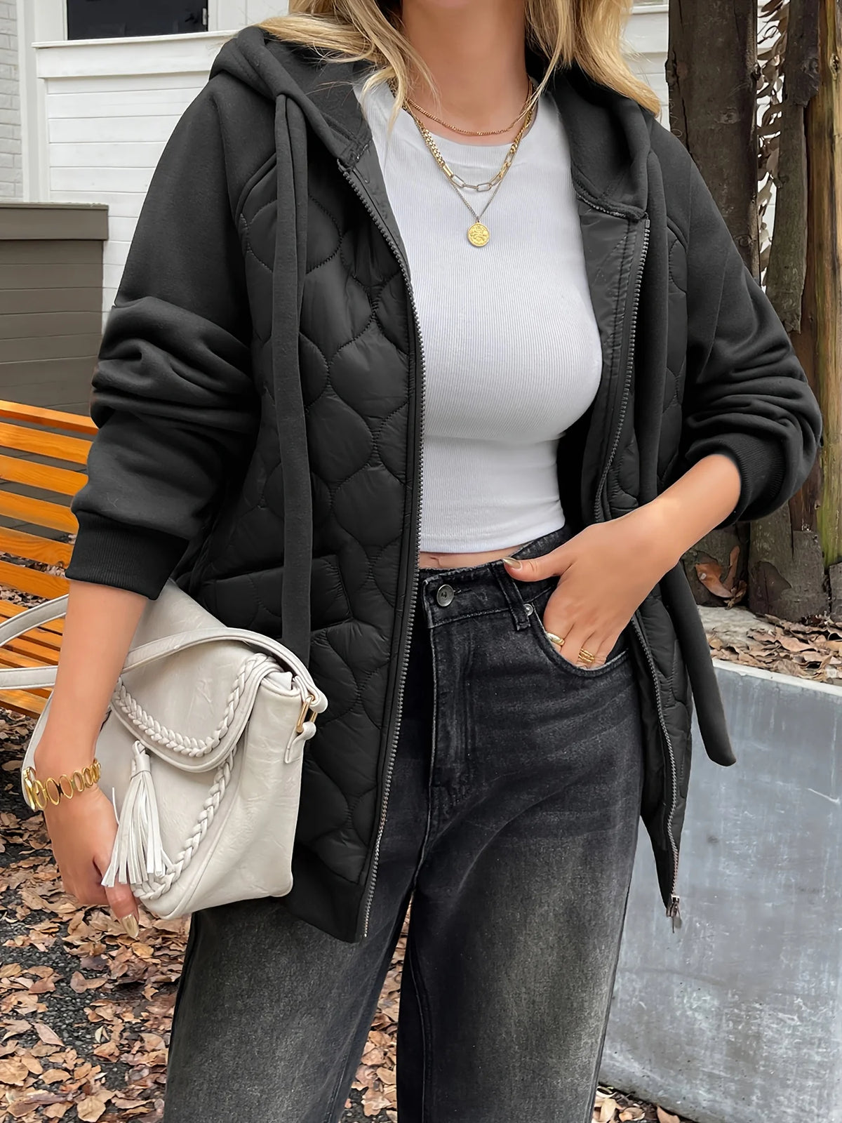 Women's black quilted hooded jacket