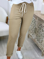 Women's khaki relaxed drawstring trousers for autumn and winter wear