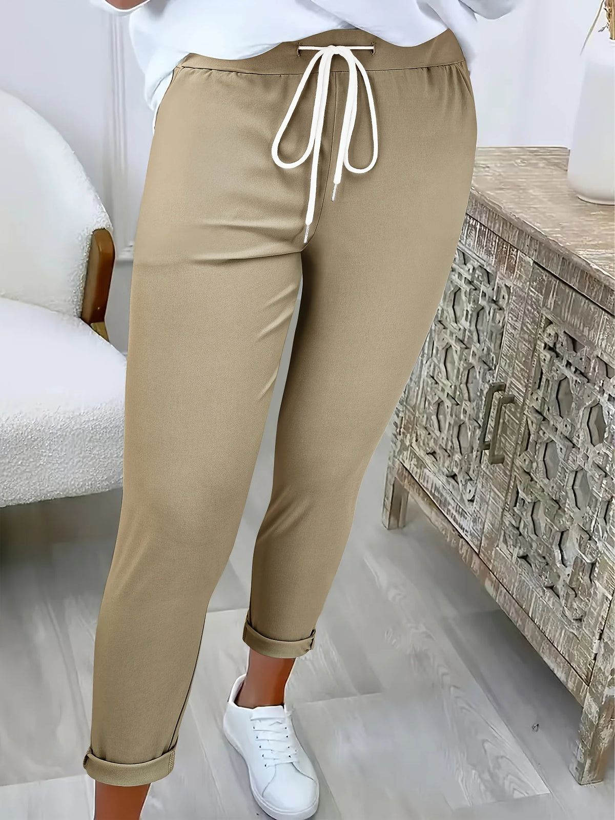 Women's khaki relaxed drawstring trousers for autumn and winter wear