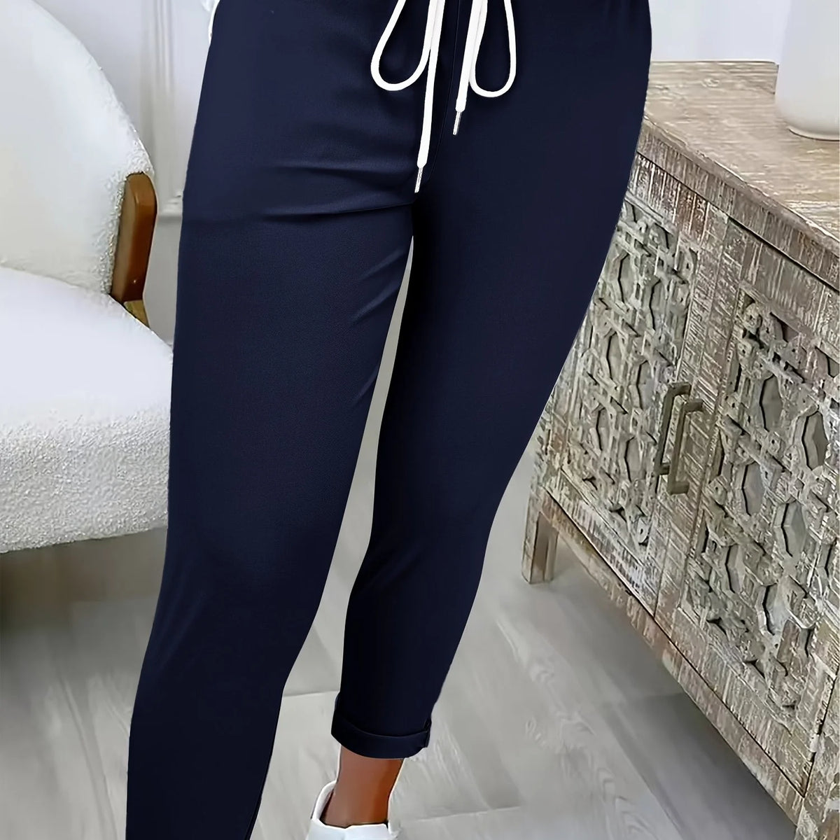 Women's navy relaxed drawstring trousers for autumn and winter wear