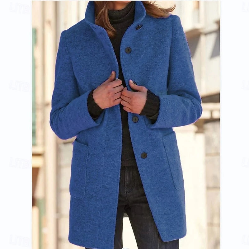 Women's blue stand-collar longline coat for cold autumn and winter days