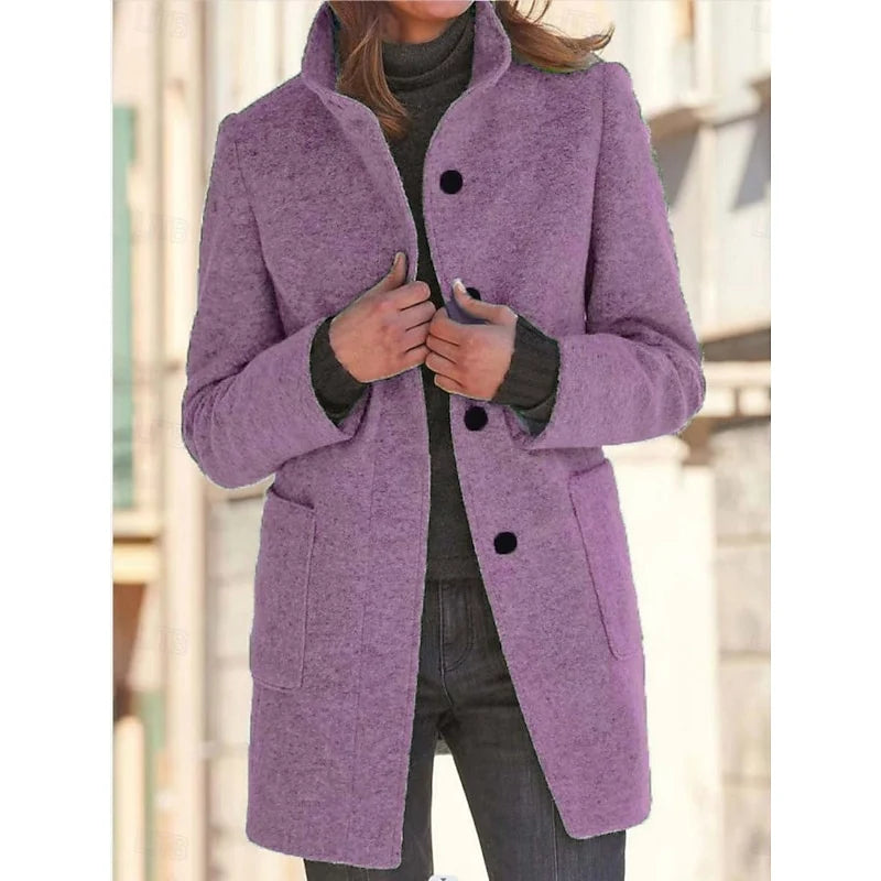 Women's light purple stand-collar longline coat for cold autumn and winter days