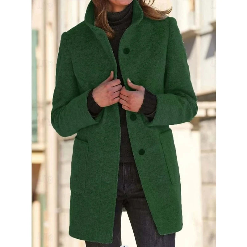 Women's dark green stand-collar longline coat for cold autumn and winter days