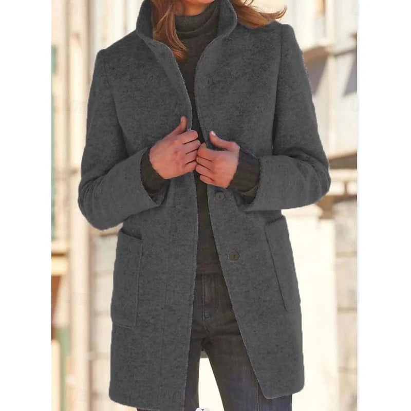Women's black stand-collar longline coat for cold autumn and winter days