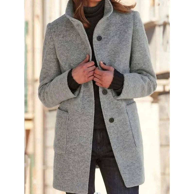 Women's grey stand-collar longline coat for cold autumn and winter days