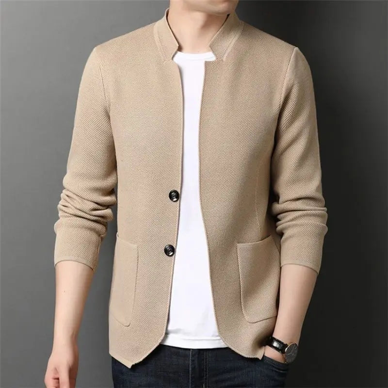 Men's beige stand collar knit cardigan for everyday winter wear