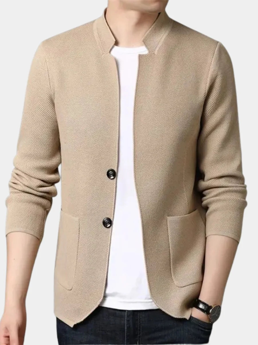 Men's beige stand collar knit cardigan for everyday winter wear