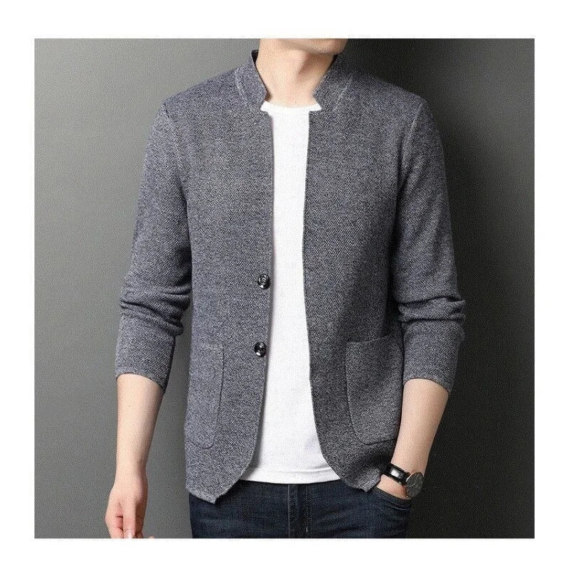 Men's grey stand collar knit cardigan for everyday winter wear