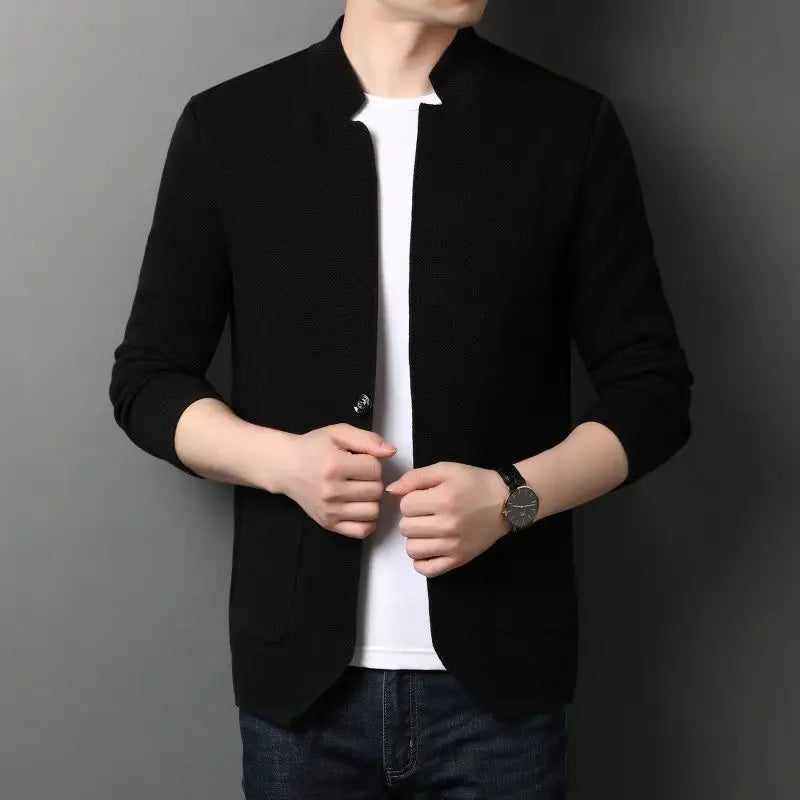 Men's black stand collar knit cardigan for everyday winter wear
