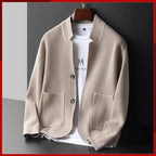 Men's beige stand collar knit cardigan for everyday winter wear