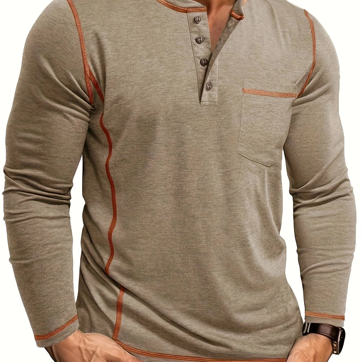 Men's khaki classic long sleeve henley shirt