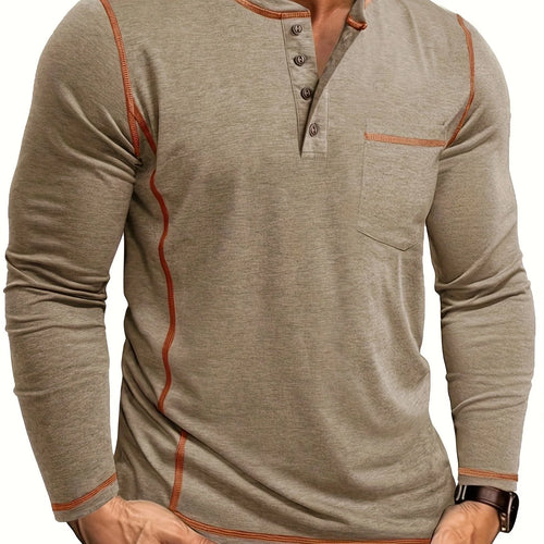 Men's khaki classic long sleeve henley shirt
