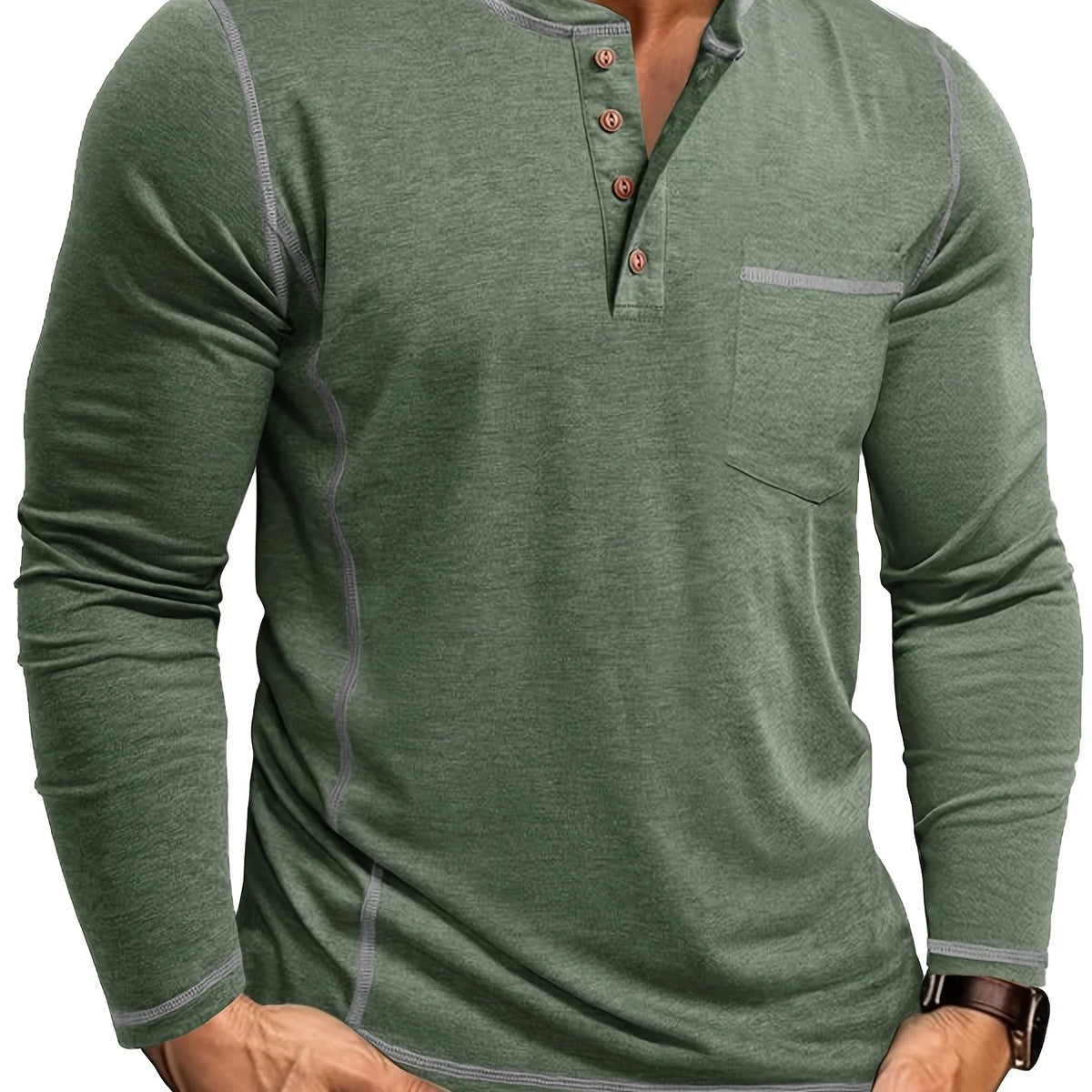 Men's khaki classic long sleeve henley shirt