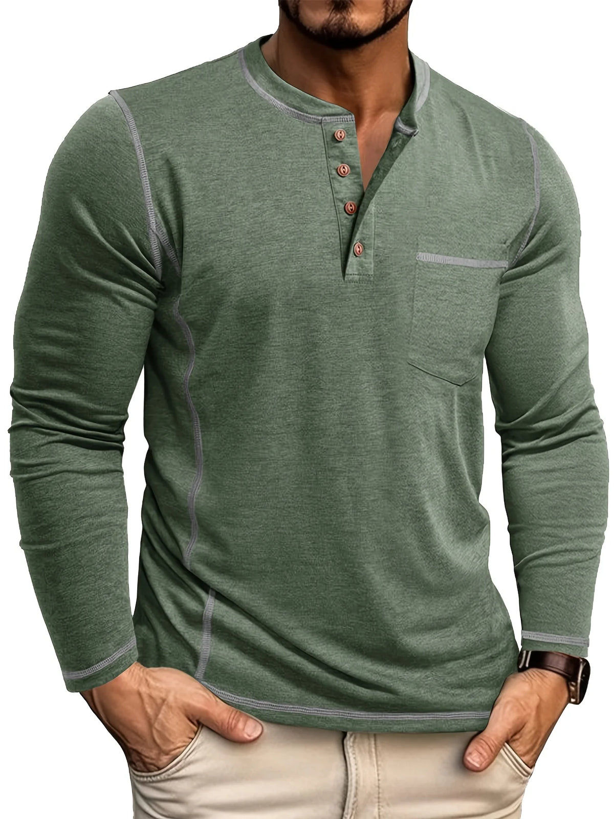 Men's green classic long sleeve henley shirt
