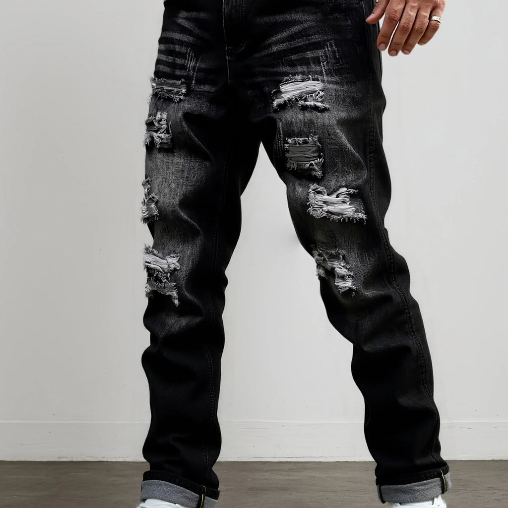 Men's dark grey distressed straight-leg jeans for everyday winter wear