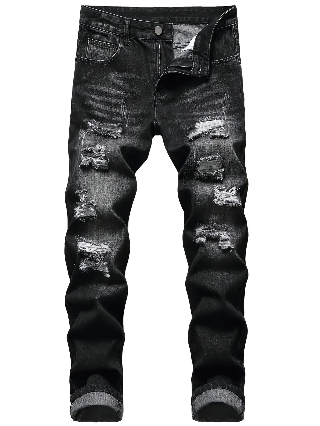 Men's dark grey distressed straight-leg jeans for everyday winter wear